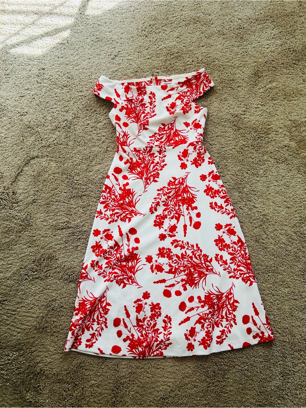 Calvin Klein White One-Shoulder Dress with Red Floral Print